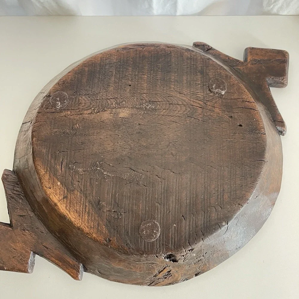 Vtg Wood Dough Bowl Rustic Hand Carved Primitive Wooden Handled Trough Knead 17